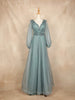 Teal Blue Net with Floral Embroidery and Bishop Sleeves Gown - Diadem