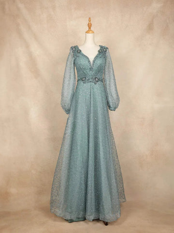 Teal Blue Net with Floral Embroidery and Bishop Sleeves Gown - Diadem
