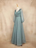 Teal Blue Net with Floral Embroidery and Bishop Sleeves Gown - Diadem