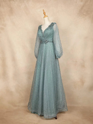 Teal Blue Net with Floral Embroidery and Bishop Sleeves Gown - Diadem