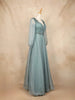 Teal Blue Net with Floral Embroidery and Bishop Sleeves Gown - Diadem