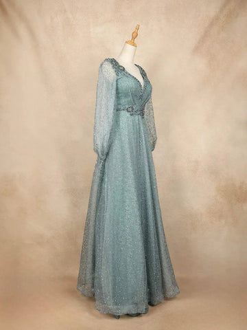 Teal Blue Net with Floral Embroidery and Bishop Sleeves Gown - Diadem