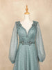 Teal Blue Net with Floral Embroidery and Bishop Sleeves Gown - Diadem