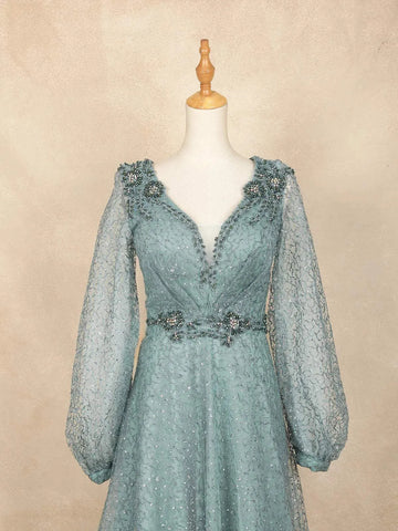 Teal Blue Net with Floral Embroidery and Bishop Sleeves Gown - Diadem