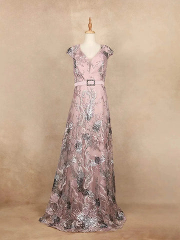 Onion Pink with Floral Design and Waist Belt Gown - Diadem