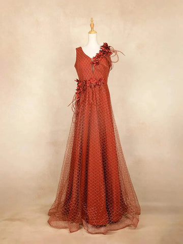 Orange Net with Criss Cross Design, 3D Flowers and Stones Gown - Diadem