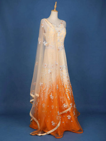 Orange Net Ombre Gown with Floral Threadwork Embroidery - Diadem