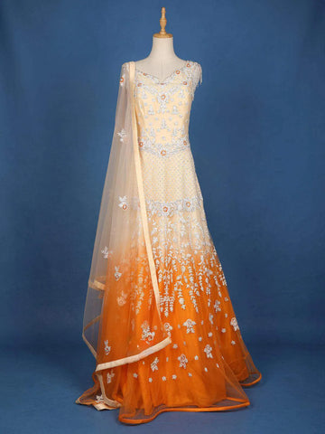 Orange Net Ombre Gown with Floral Threadwork Embroidery - Diadem