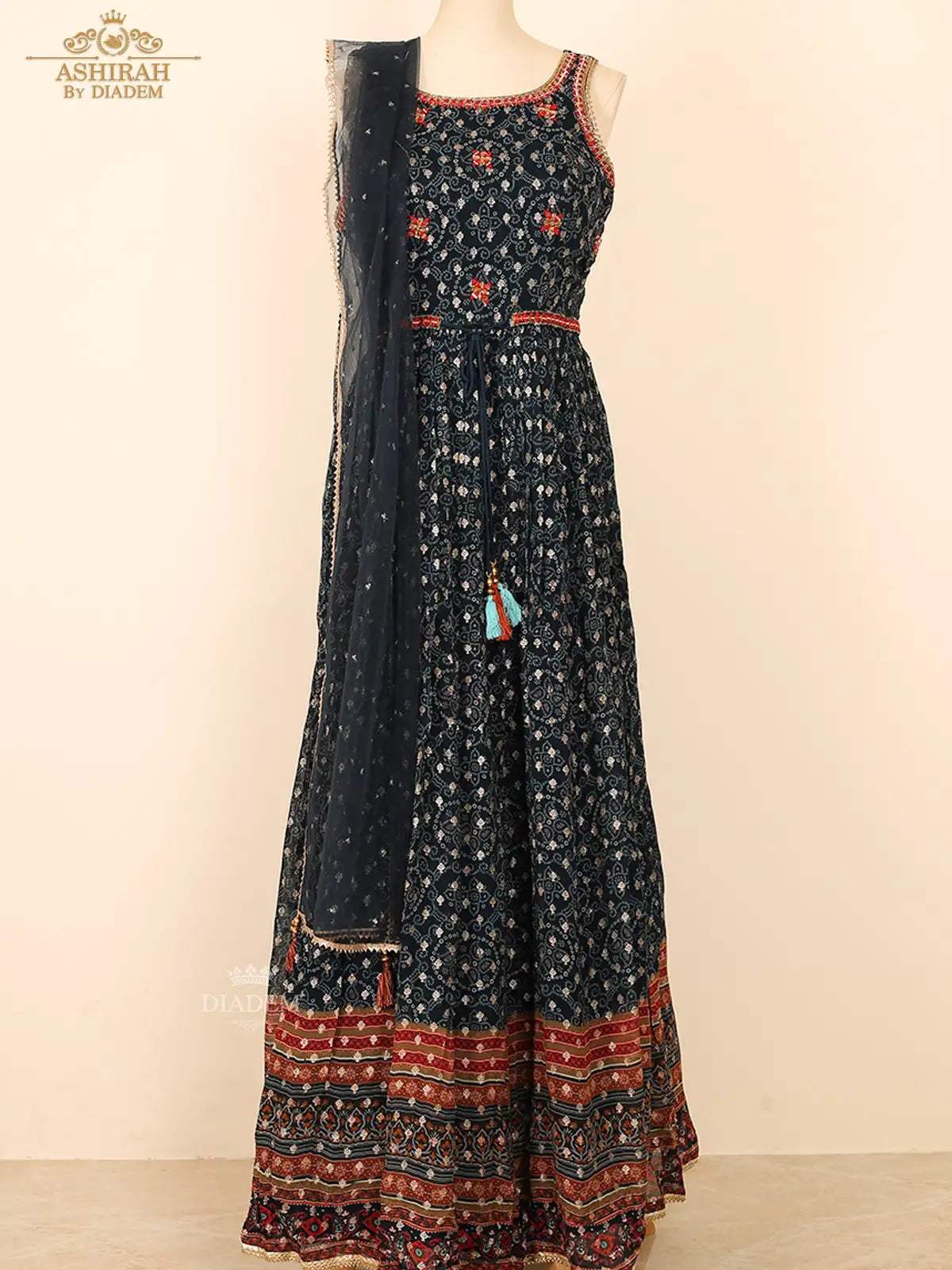 Navy Blue Anarkali Salwar Suit for Girls Enhanced with Prints and Thread work along with Dupatta - Diadem