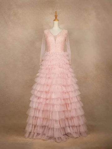 Baby Pink Net Gown with Beads and Ruffles - Diadem