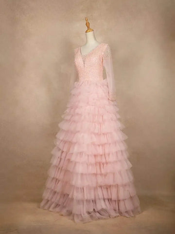 Baby Pink Net Gown with Beads and Ruffles - Diadem