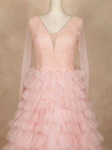 Baby Pink Net Gown with Beads and Ruffles - Diadem