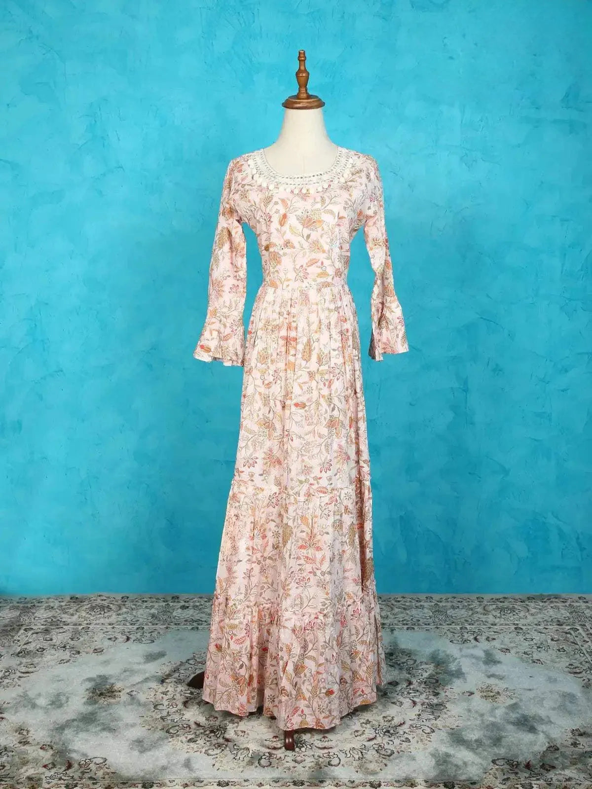 Light Peach Cotton Kurti Adorned with Floral Prints and Thread work - Diadem