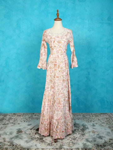 Light Peach Cotton Kurti Adorned with Floral Prints and Thread work - Diadem