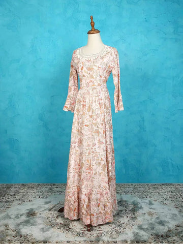 Light Peach Cotton Kurti Adorned with Floral Prints and Thread work - Diadem