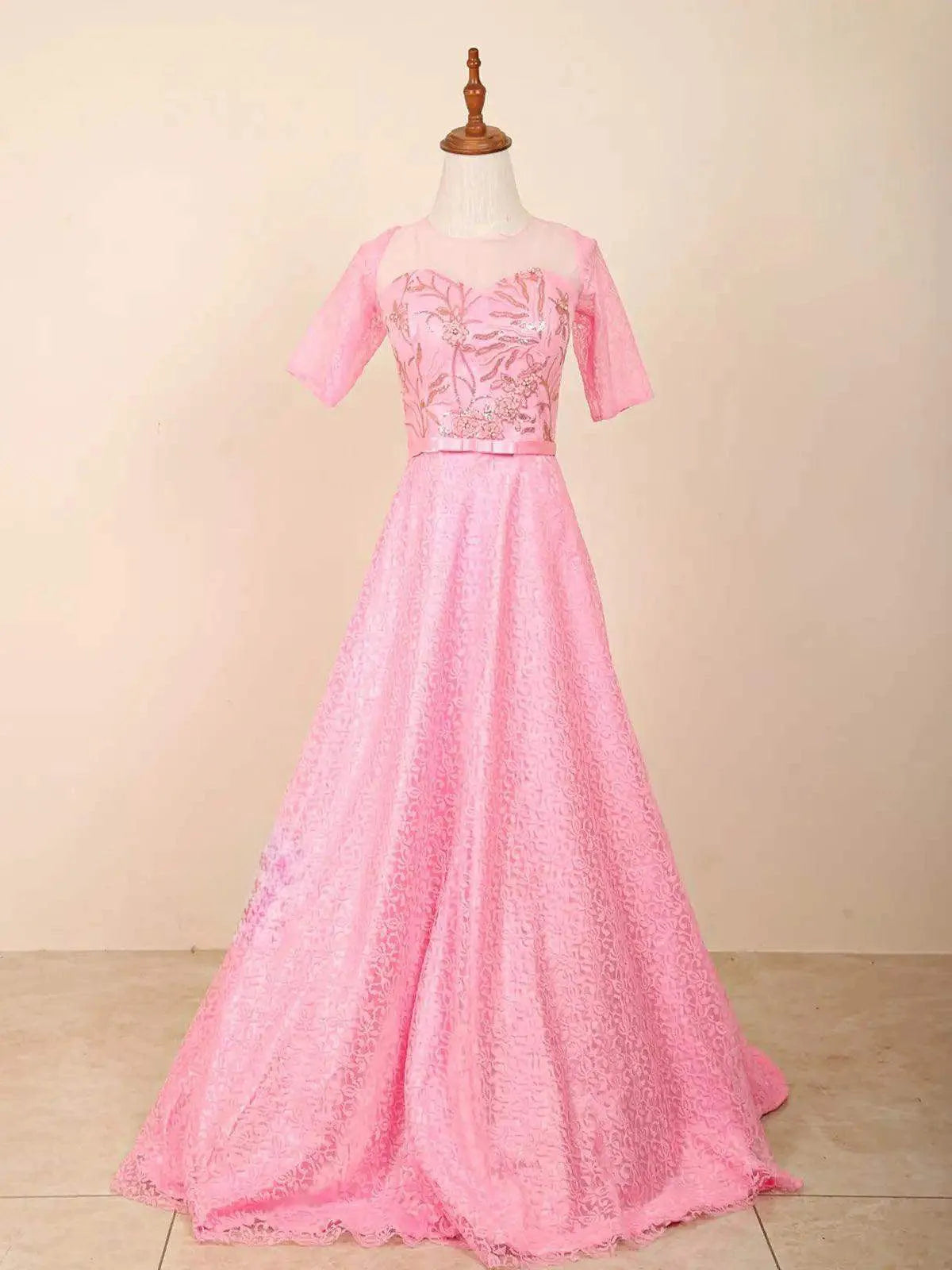 Pink Satin Gown with Floral Embellishments - Diadem