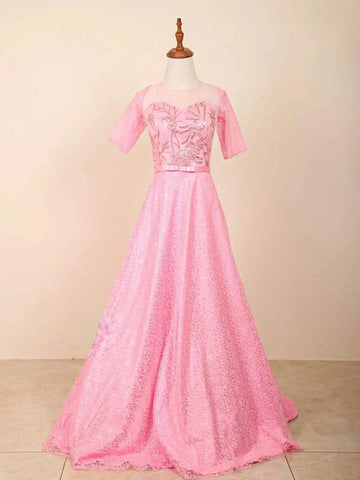 Pink Satin Gown with Floral Embellishments - Diadem