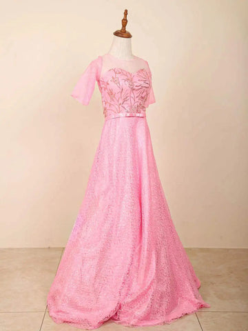 Pink Satin Gown with Floral Embellishments - Diadem