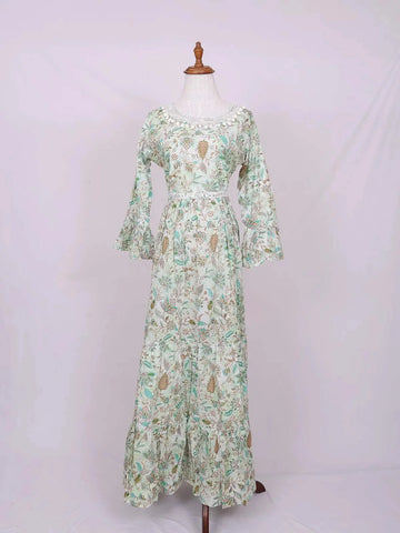 Light Green Cotton Long Kurti Top Adorned with Flower Prints, paired with Dupatta - Diadem