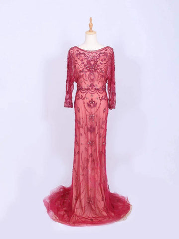 Red Net Full Sleeves Gown Embellished with Floral Beads - Diadem