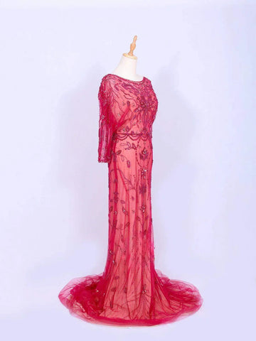Red Net Full Sleeves Gown Embellished with Floral Beads - Diadem