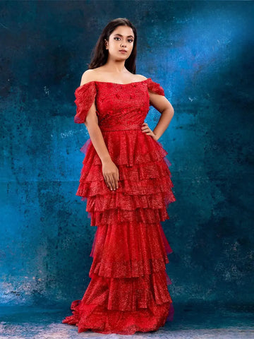 Red Layered with Flowers and Beads Gown - Diadem
