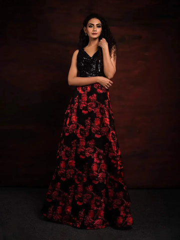 Black Organza with Sequins, Beads and Red Floral Embroidery Gown - Diadem