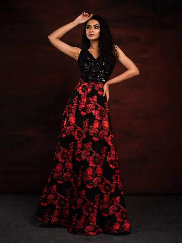 Black Organza with Sequins, Beads and Red Floral Embroidery Gown - Diadem