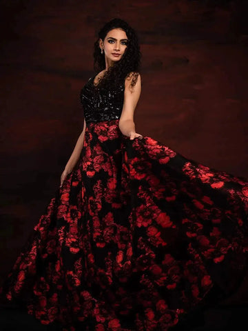 Black Organza with Sequins, Beads and Red Floral Embroidery Gown - Diadem