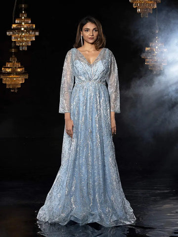 Blue Net with Pearl, Glitters and Floral Design Gown - Diadem