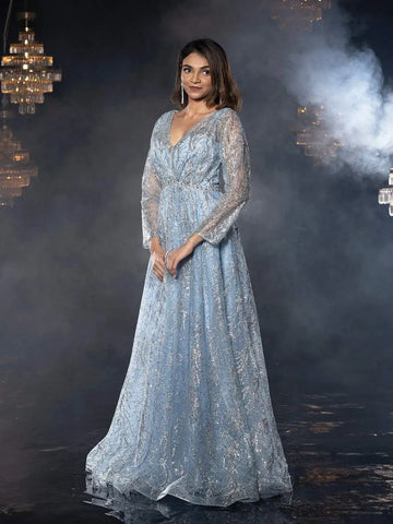 Blue Net with Pearl, Glitters and Floral Design Gown - Diadem
