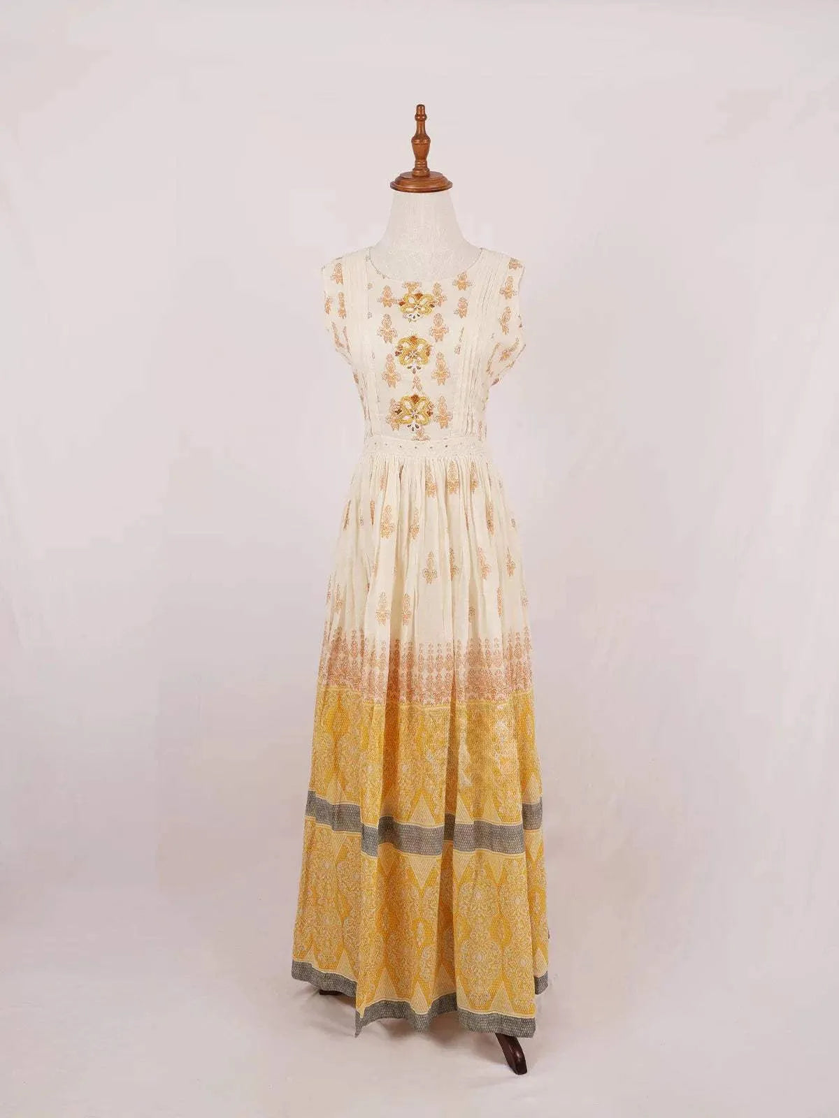 Ivory Cotton Long Kurti Top Adorned with Sequins and Floral Prints and without Dupatta - Diadem