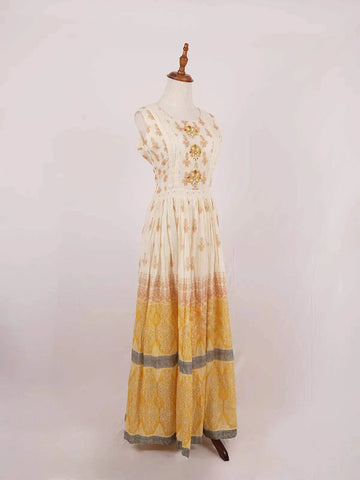 Ivory Cotton Long Kurti Top Adorned with Sequins and Floral Prints and without Dupatta - Diadem