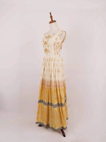 Ivory Cotton Long Kurti Top Adorned with Sequins and Floral Prints and without Dupatta - Diadem
