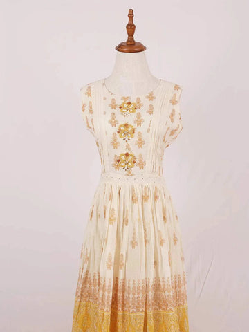 Ivory Cotton Long Kurti Top Adorned with Sequins and Floral Prints and without Dupatta - Diadem