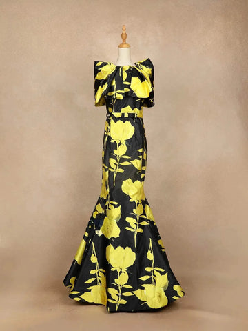 Yellow Partywear with Floral Prints, Waist Belt and Without Dupatta Gown - Diadem