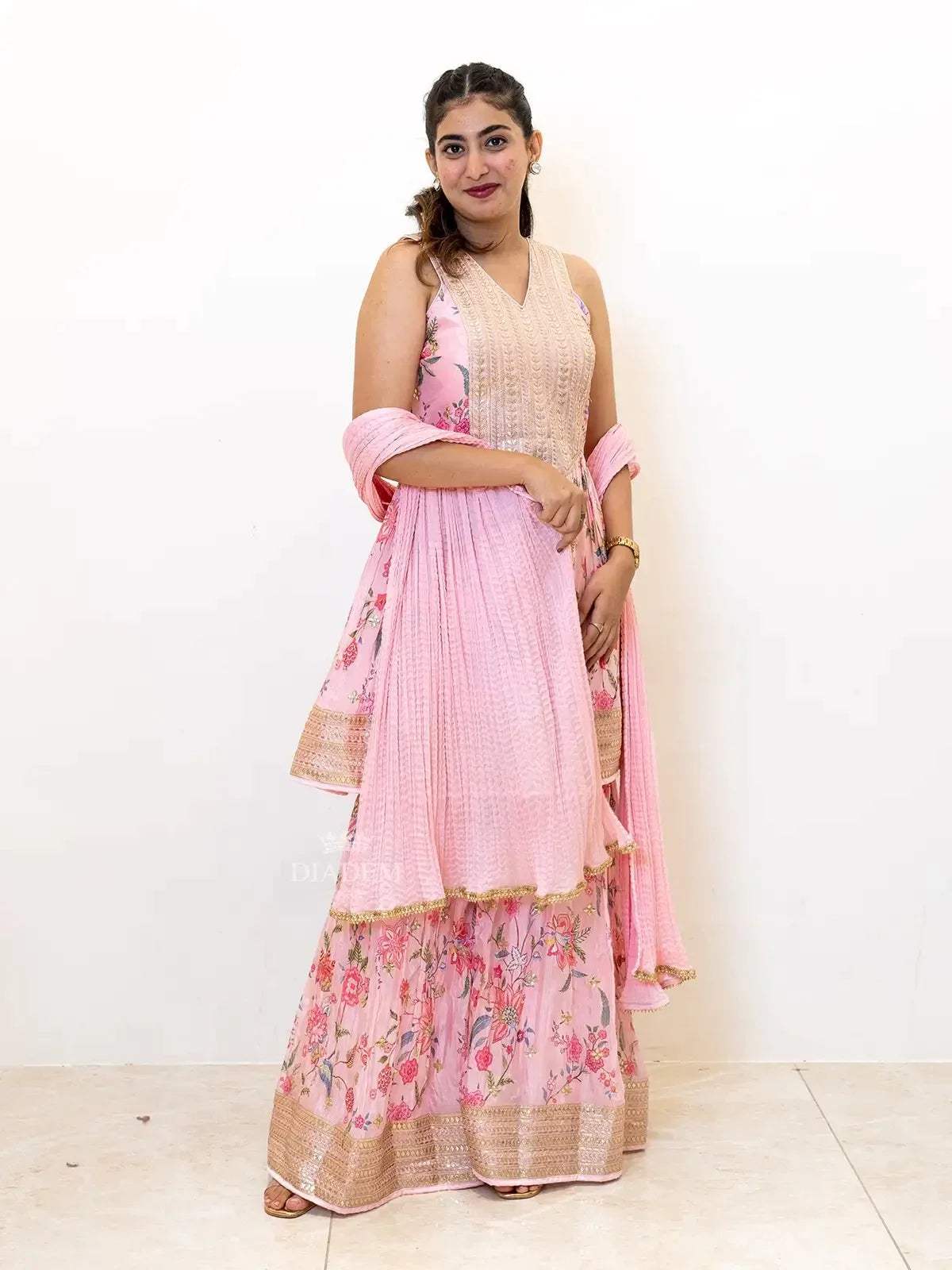 Light Pink Sharara Suit and Peplum Top Adorned with Floral Prints along with Dupatta - Diadem