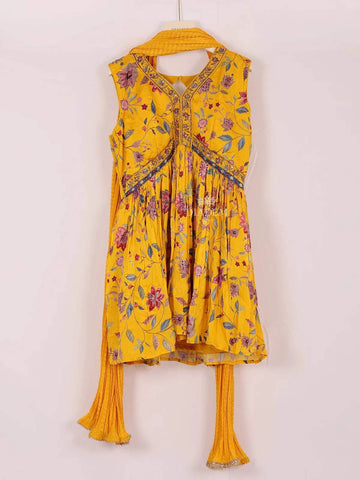 Yellow Anarkali Salwar Suit Adorned With Beads and Floral Design and With Dupatta - Diadem