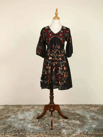 Black Kurti with Floral Embroidery with Prints - Diadem
