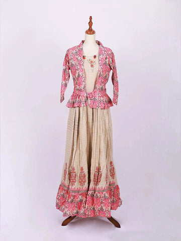 Light Brown Kurti Adorned with Floral prints paired with Full Sleeve Overcoat - Diadem