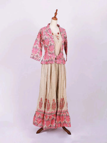 Light Brown Kurti Adorned with Floral prints paired with Full Sleeve Overcoat - Diadem
