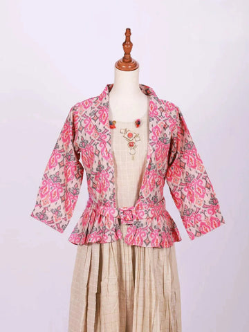 Light Brown Kurti Adorned with Floral prints paired with Full Sleeve Overcoat - Diadem