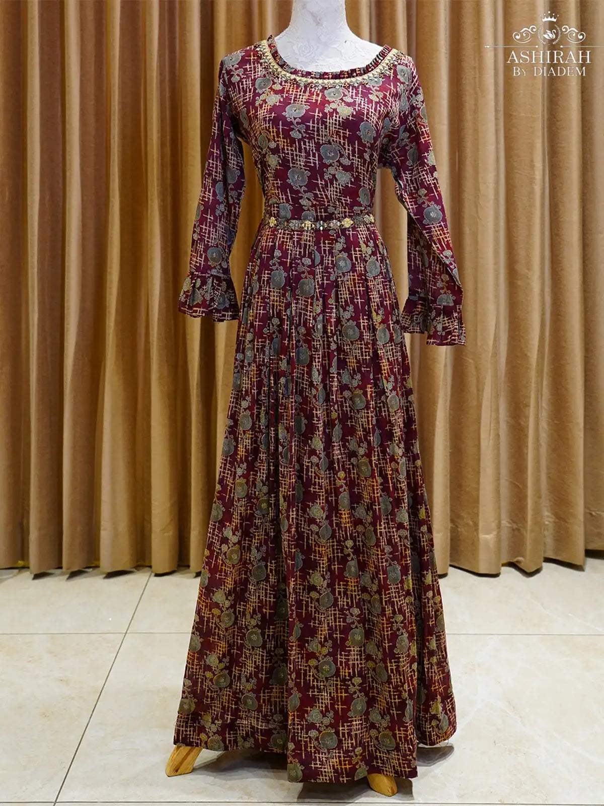 Burgundy Cotton Long Kurti Enhanced with Floral Prints - Diadem