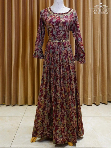Burgundy Cotton Long Kurti Enhanced with Floral Prints - Diadem
