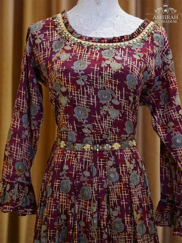 Burgundy Cotton Long Kurti Enhanced with Floral Prints - Diadem