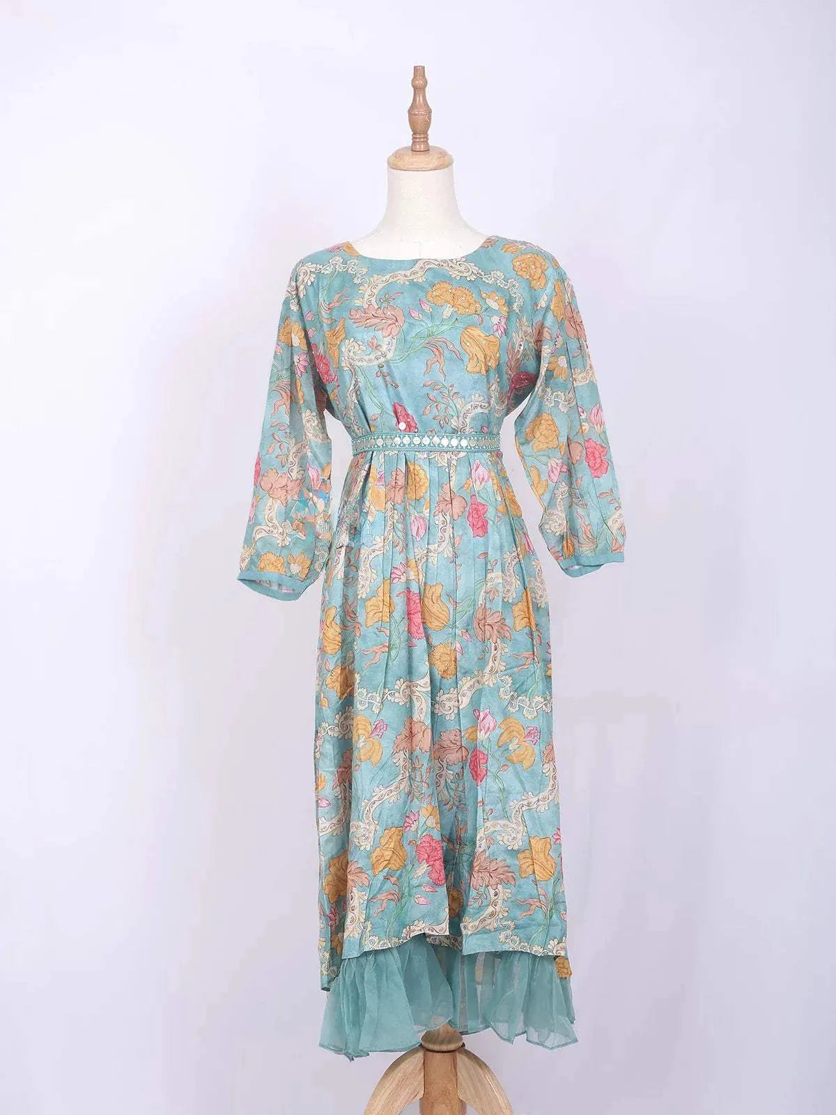 Turquoise Kurti Enhanced with Floral Prints and Sequins along with Waist Belt - Diadem