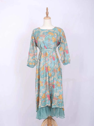 Turquoise Kurti Enhanced with Floral Prints and Sequins along with Waist Belt - Diadem