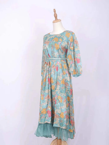 Turquoise Kurti Enhanced with Floral Prints and Sequins along with Waist Belt - Diadem