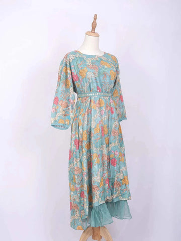 Turquoise Kurti Enhanced with Floral Prints and Sequins along with Waist Belt - Diadem