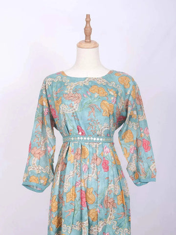 Turquoise Kurti Enhanced with Floral Prints and Sequins along with Waist Belt - Diadem